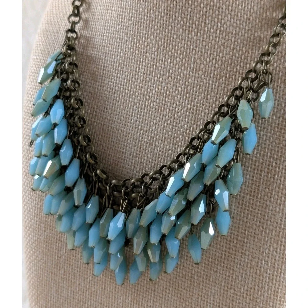 Boho Statement Necklace Aqua Blue Beads Antique Gold Chain Bib Chunky‎ Fashion